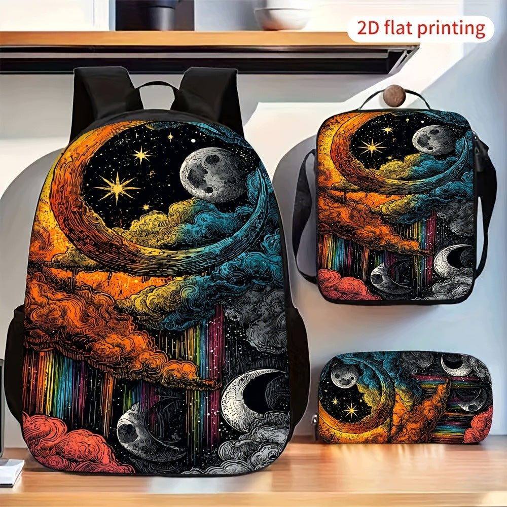 3-Piece Backpack Set - Psychedelic Starry Sky, Moon, Cloud Pattern (2D Flat Print)