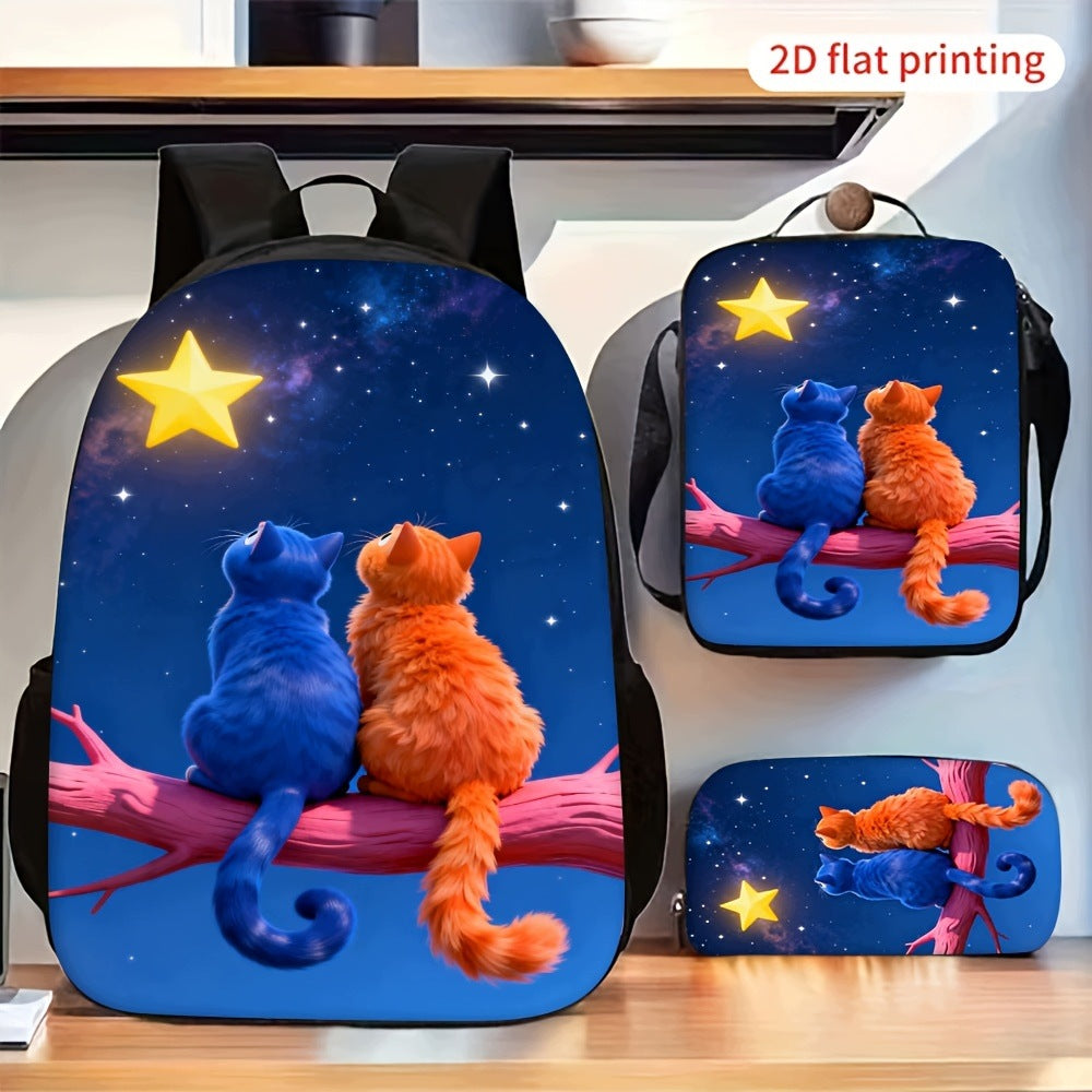 3-Piece Backpack Set: Two Cats Starry Sky Pattern, Crossbody Bag, Case
