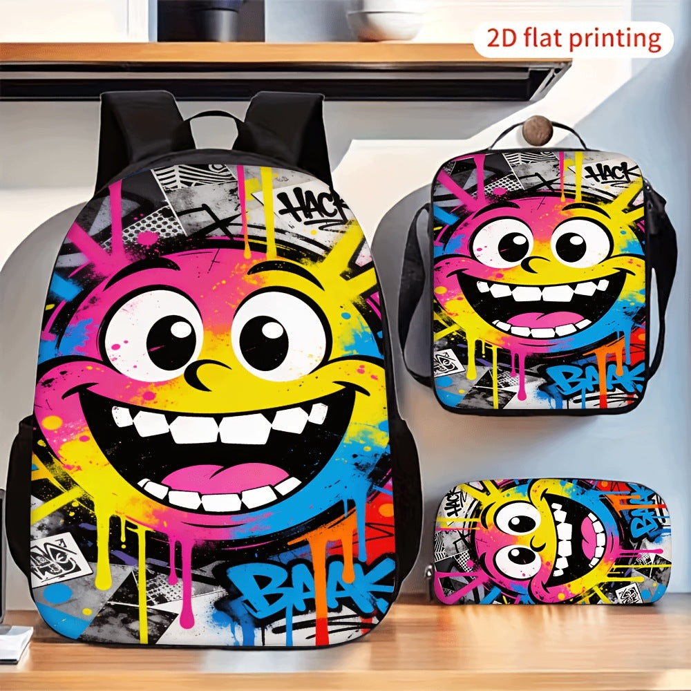 3-Piece Backpack Set: Vibrant Graffiti Smiling Face Print, Trendy Daily Backpack