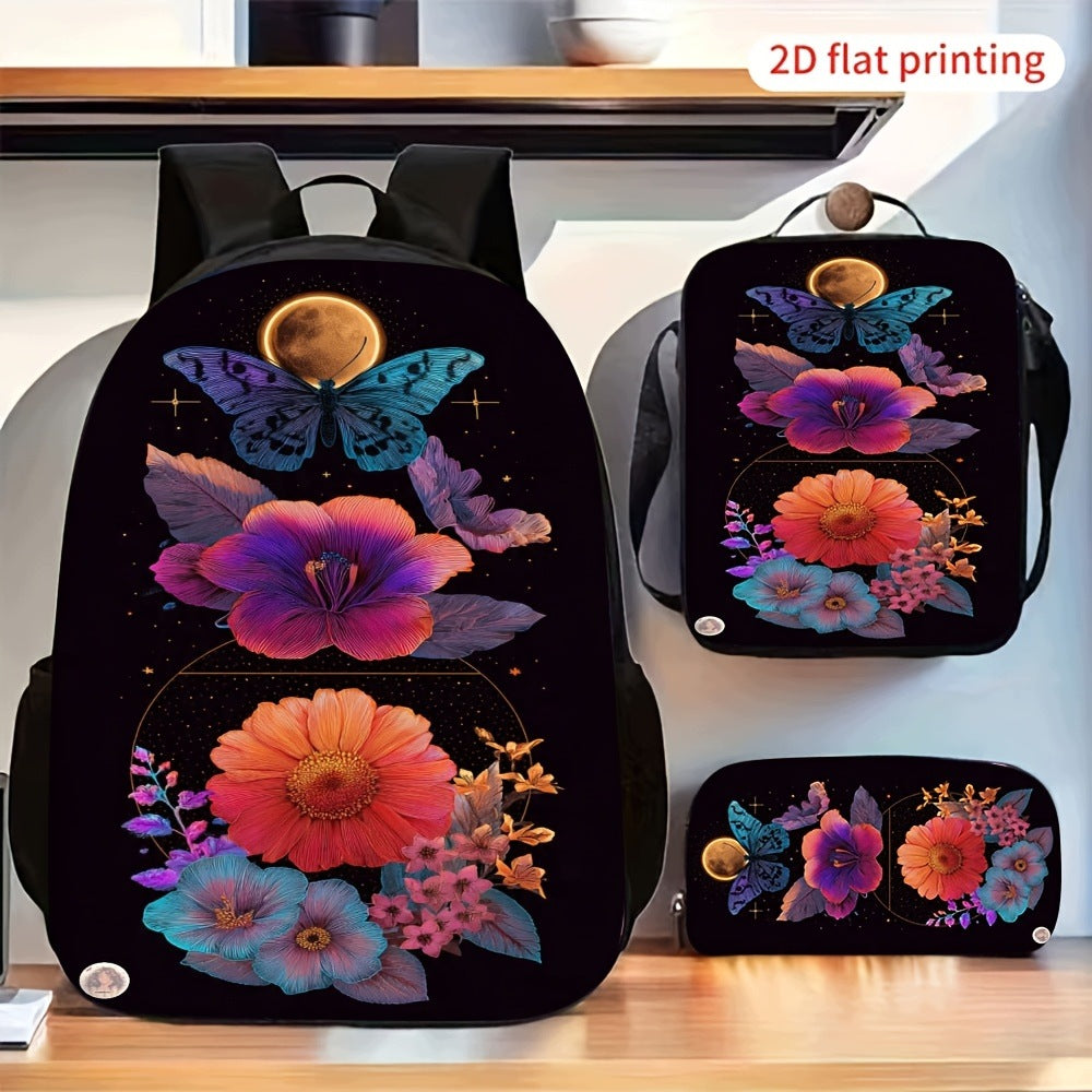 3-Piece Backpack Set with Butterfly, Moon, and Flower Print, Adjustable Straps