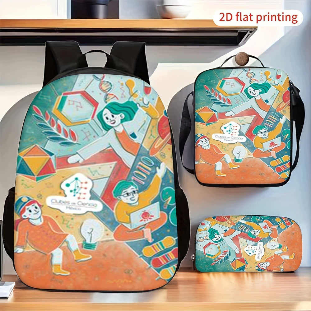 3-Piece Backpack Set with Colorful Abstract Art Print, Includes Lunch Box Holder