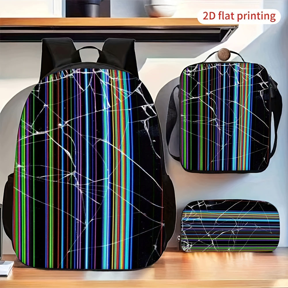 3-Piece Backpack Set with Cracked Vertical Stripe Pattern, 2D Flat, Adjustable Straps