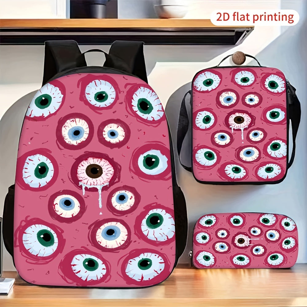 3-Piece Backpack Set with Multiple Eyeball Pattern - Casual Shoulder Bag