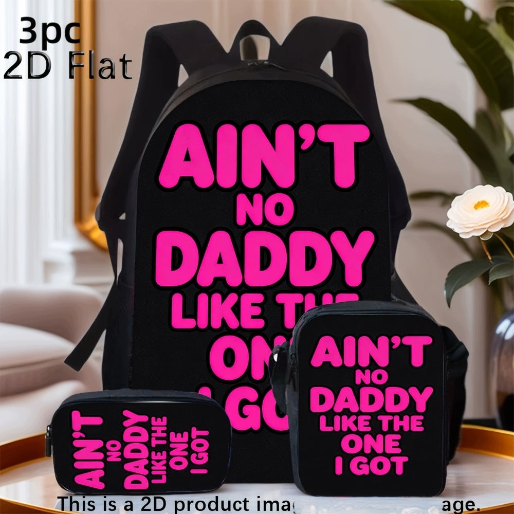 3-Piece Backpack Set with Printed Text Pattern - Fashionable for Daily Use