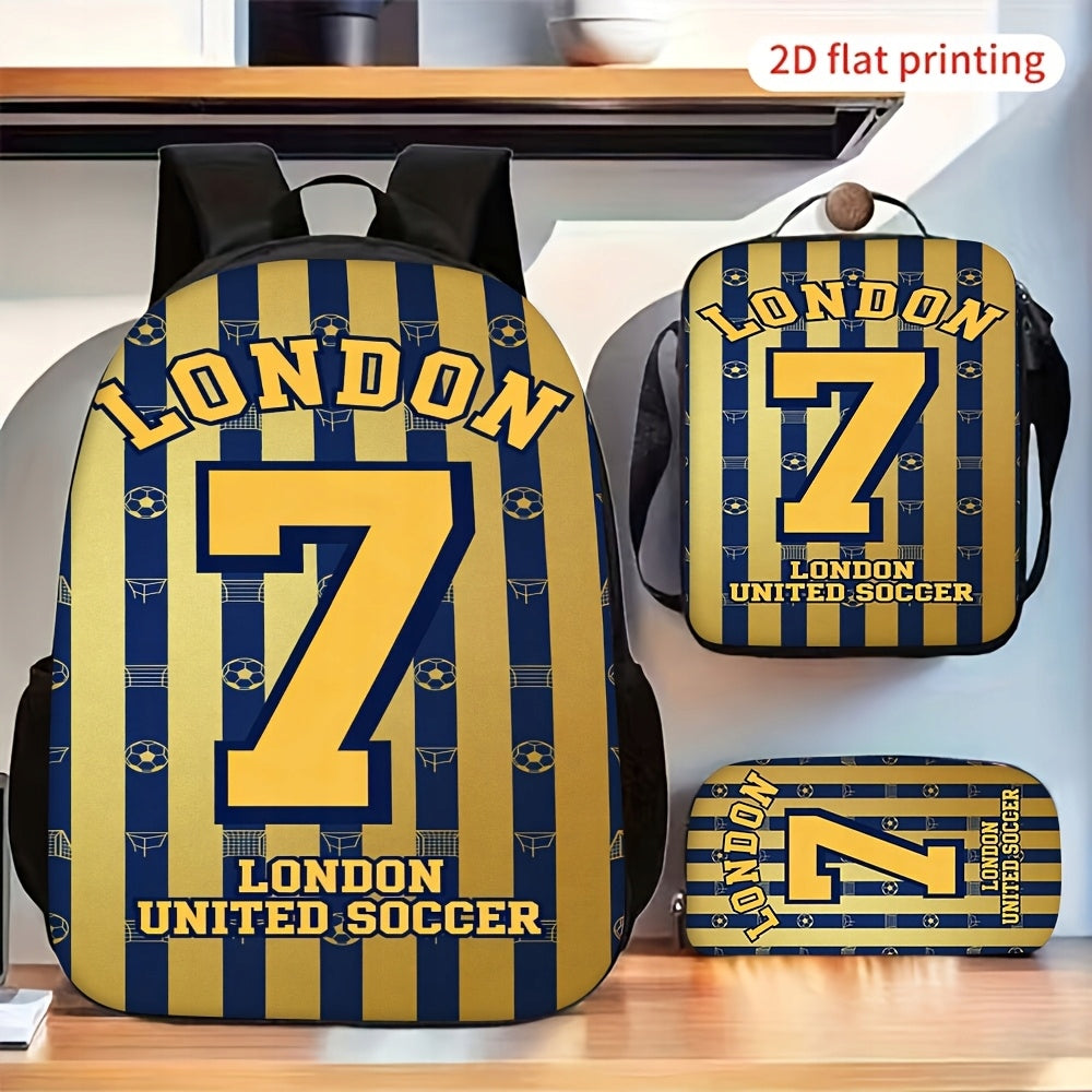 3-Piece London Number 7 Striped Print Backpack Set with Shoulder Bag