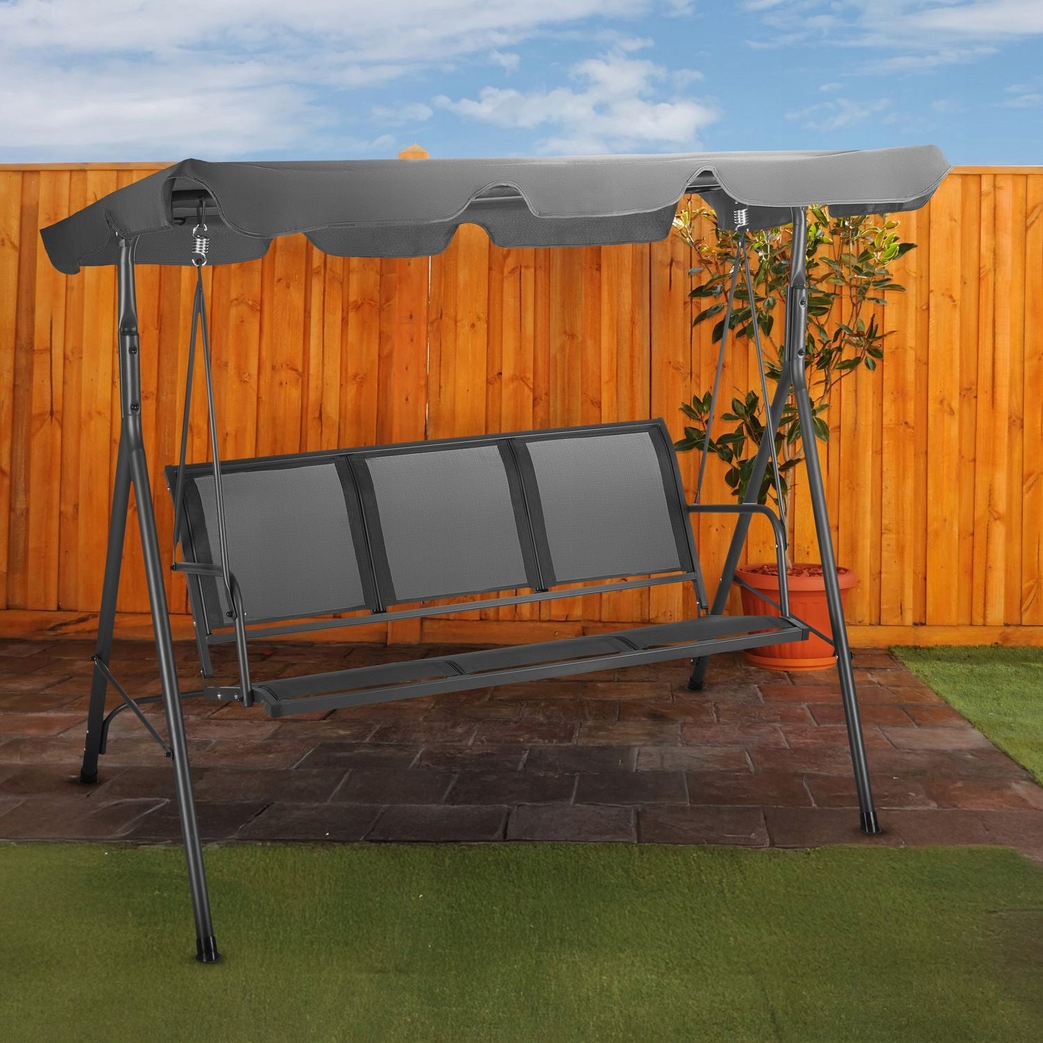 3 SEATER FREESTANDING GARDEN SWING WITH ADJUSTABLE VISOR OUTTEC Material of manufacture metal