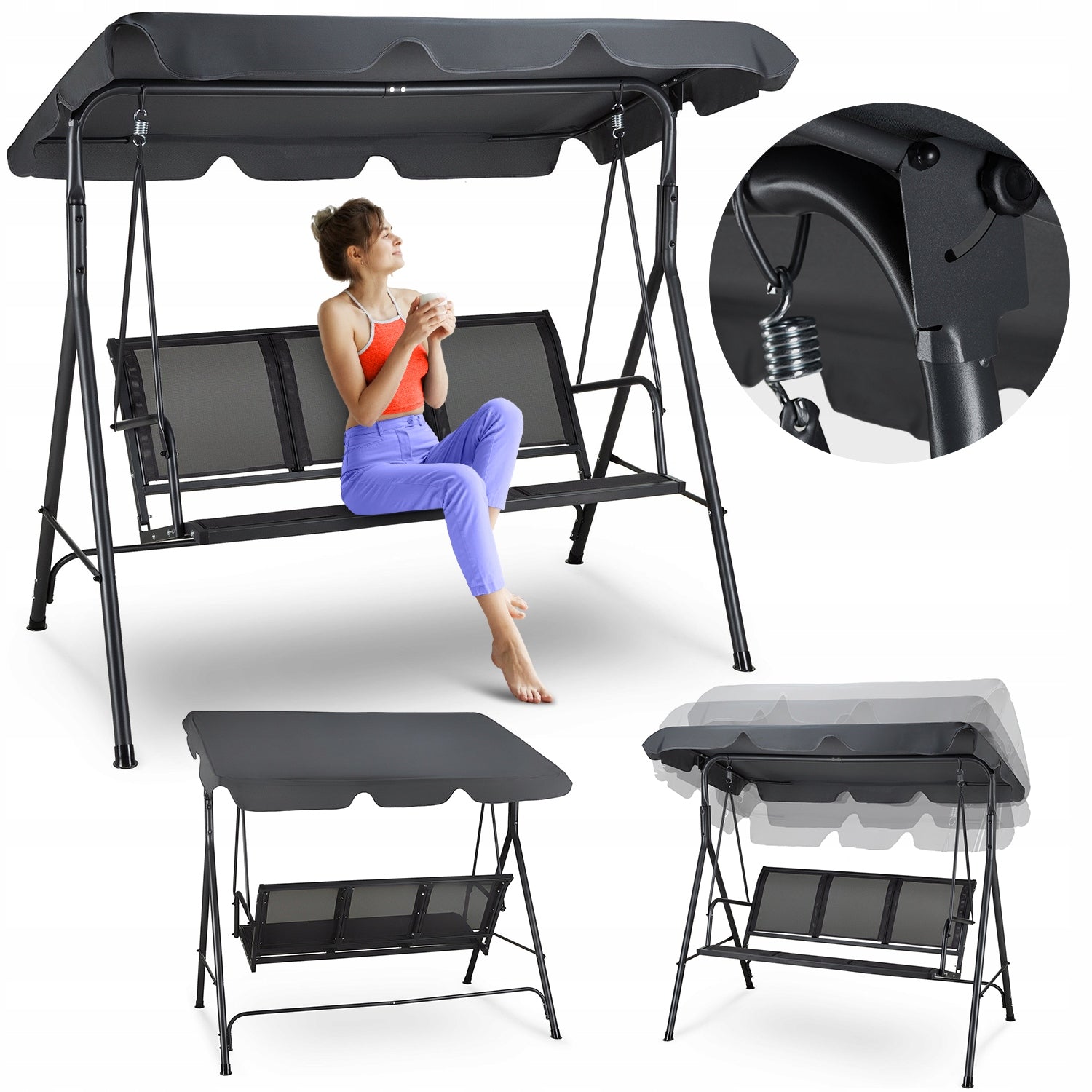 3 SEATER FREESTANDING GARDEN SWING WITH ADJUSTABLE VISOR OUTTEC