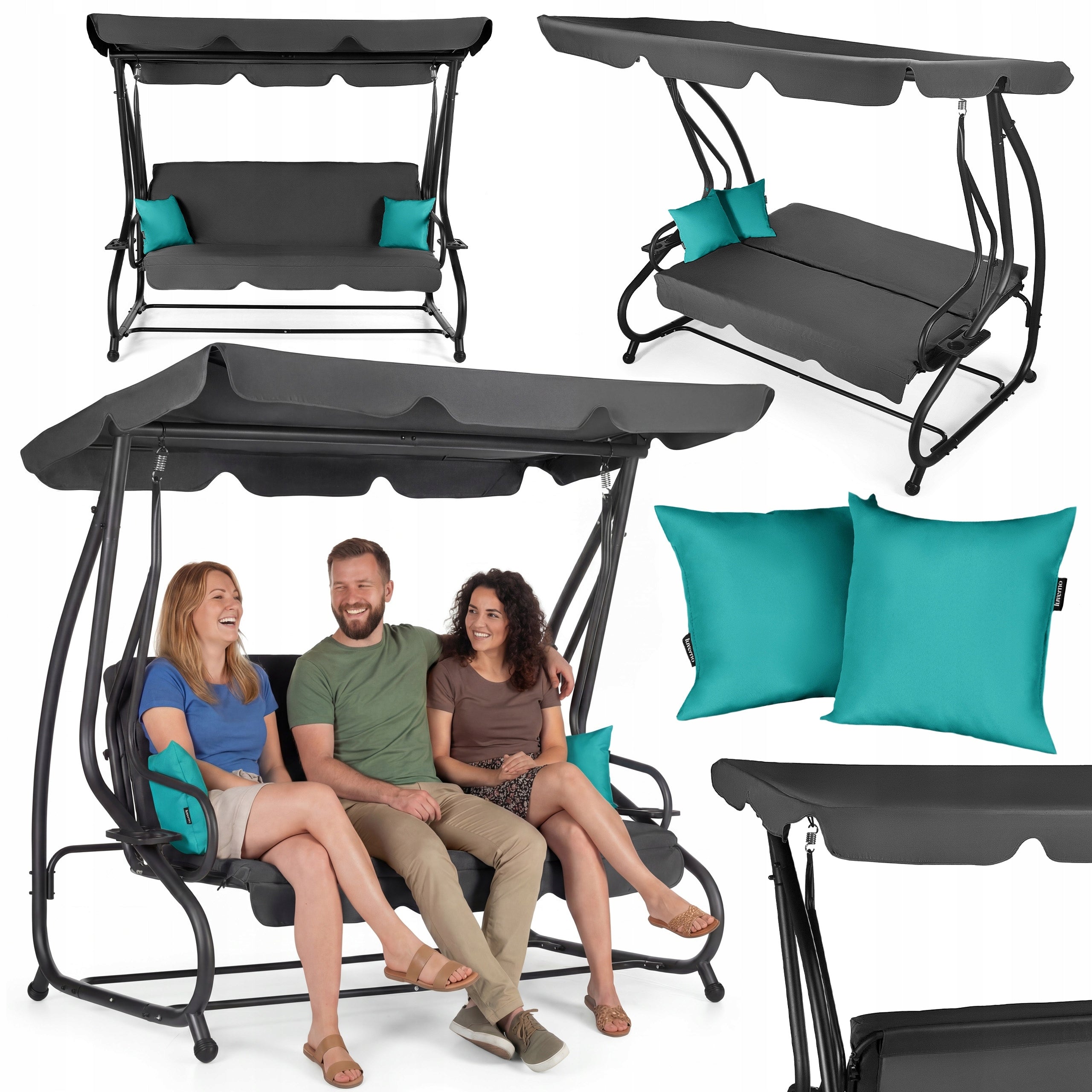3 SEATER FREESTANDING GARDEN SWING WITH CANOPY FOLDING LUVERNO
