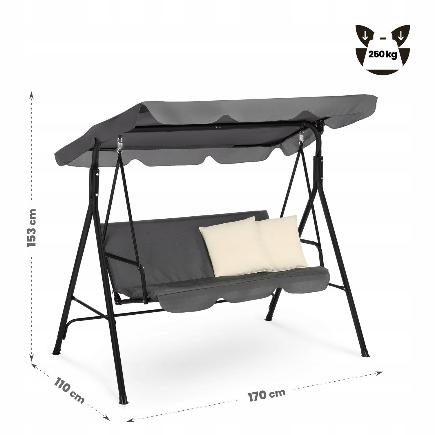 3 SEATER FREESTANDING GARDEN SWING WITH VISOR AND CUSHIONS LUVERNO Seat length 170 cm
