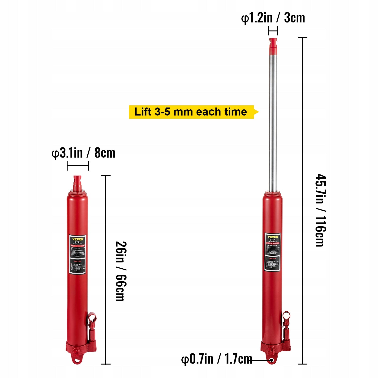 3 Ton Hydraulic Long Ram Jack Red Single Piston for Garage Engine Lift Maximum lifting height 1160 mm