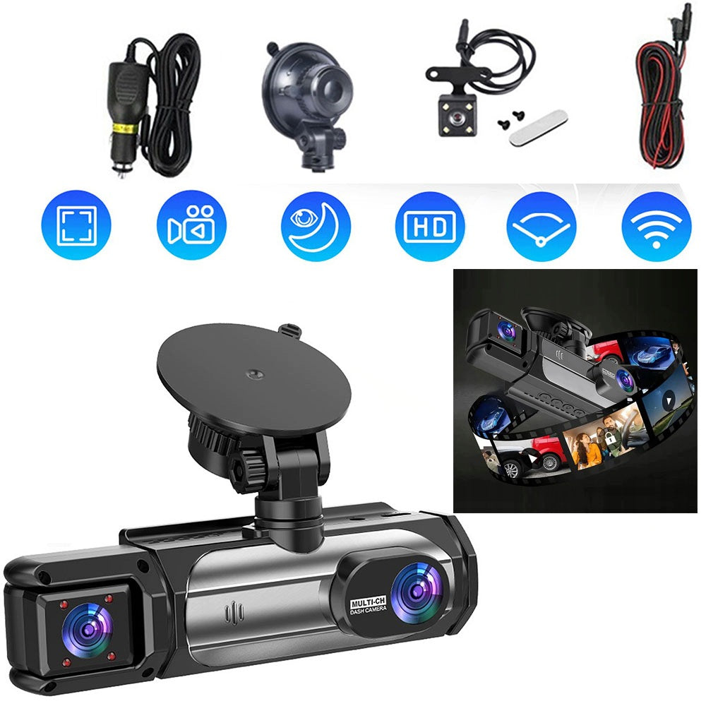 3-channel dash cam, with front-to-back camera and 1080P interior