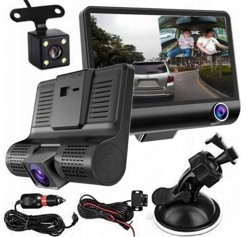 3-channel driving recorder with reversing camera and wide-angle lens