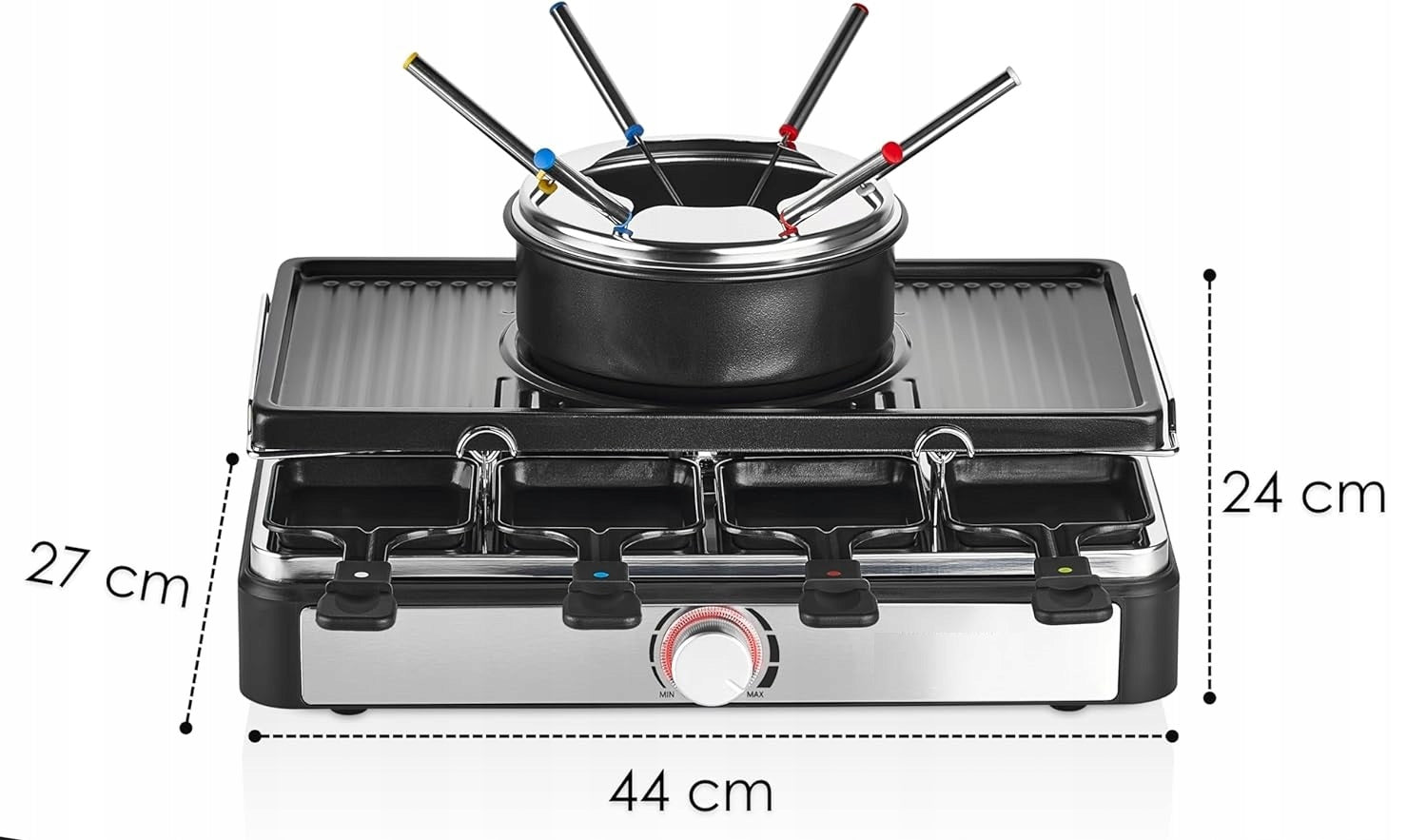 3 in 1 GRILL RACLETTE PLATE + FONDUE + 8 STICKS Pot and Forks Thermostat Packaging status original
