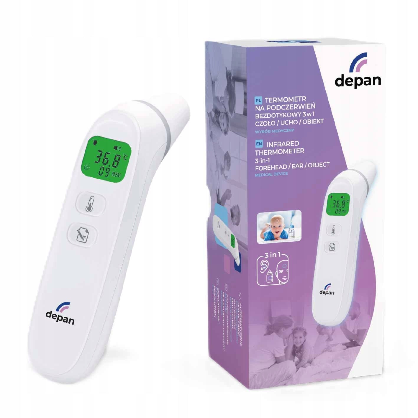 3-in-1 non-contact thermometer, forehead /ear /object, Depan