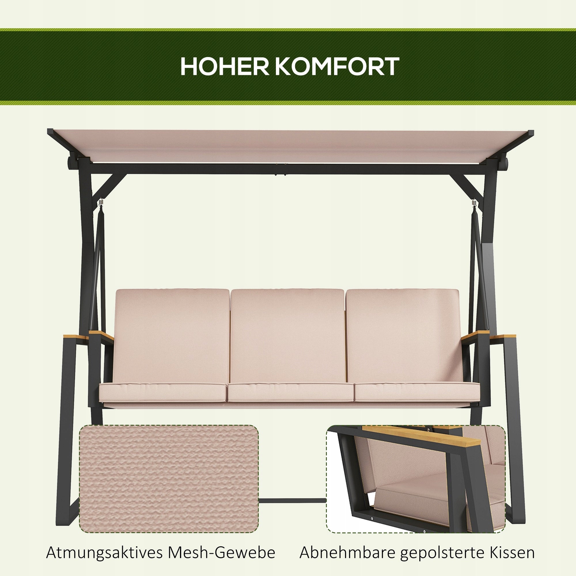 3-seater garden swing with visor, steel construction, comfortable, s Seat width 151 cm