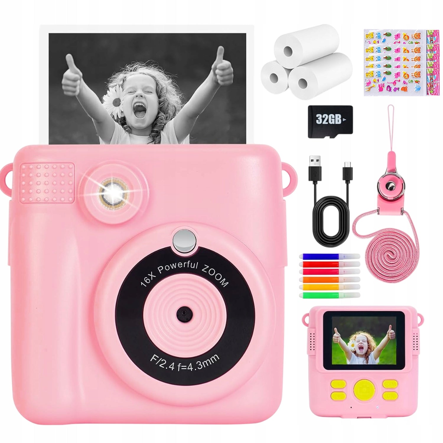 32GB DIGITAL CAMERA WITH PRINTER FOR CHILDREN GAMES PINK