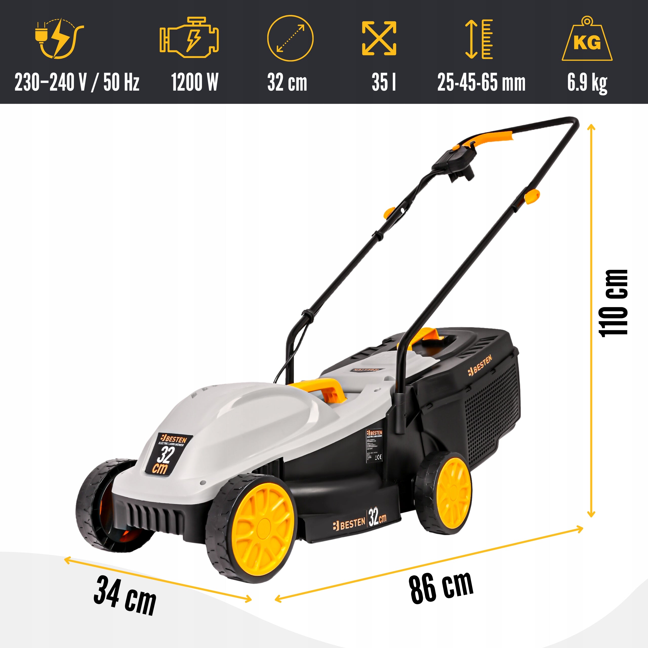 35L ADJUSTABLE ELECTRIC LAWN MOWER LIGHT STRONG LARGE BASKET BESTEN Packaging status original