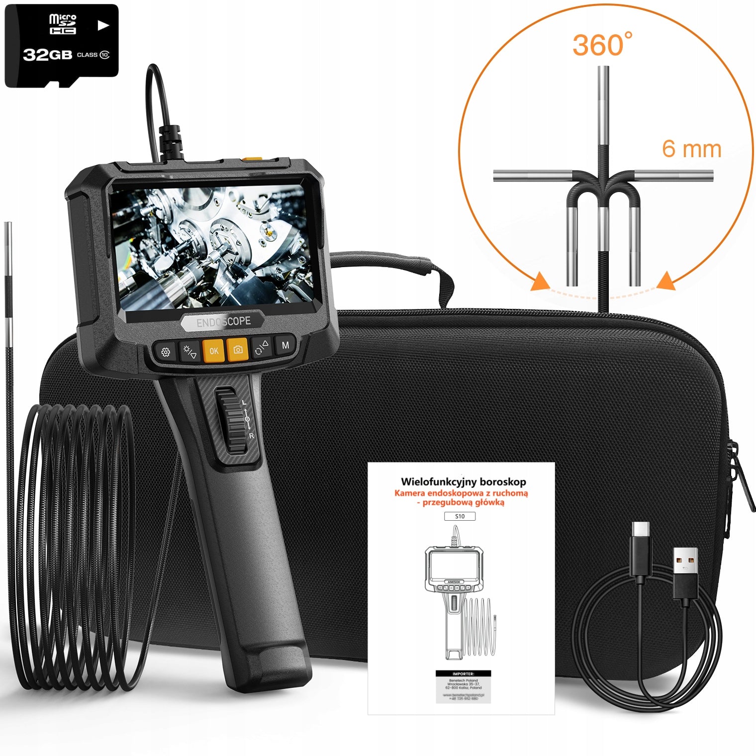 360° ROTATING INSPECTION ENDOSCOPE LED SCREEN 32GB SD IP67 2m 6mm CAMERA