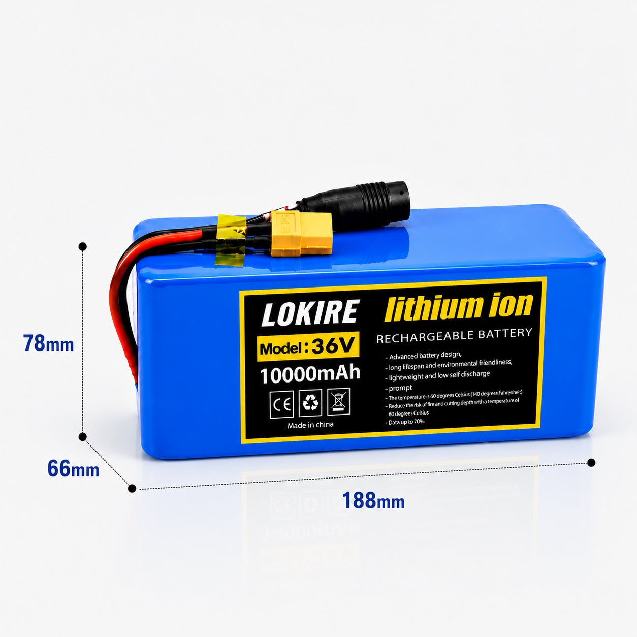 36V 10Ah Lithium-Ion Battery with XT60-DC Connector and Charger for E-Bike and E-Scooter Manufacturer code 36V-10s4p-10Ah-XT60-DC-1B1C
