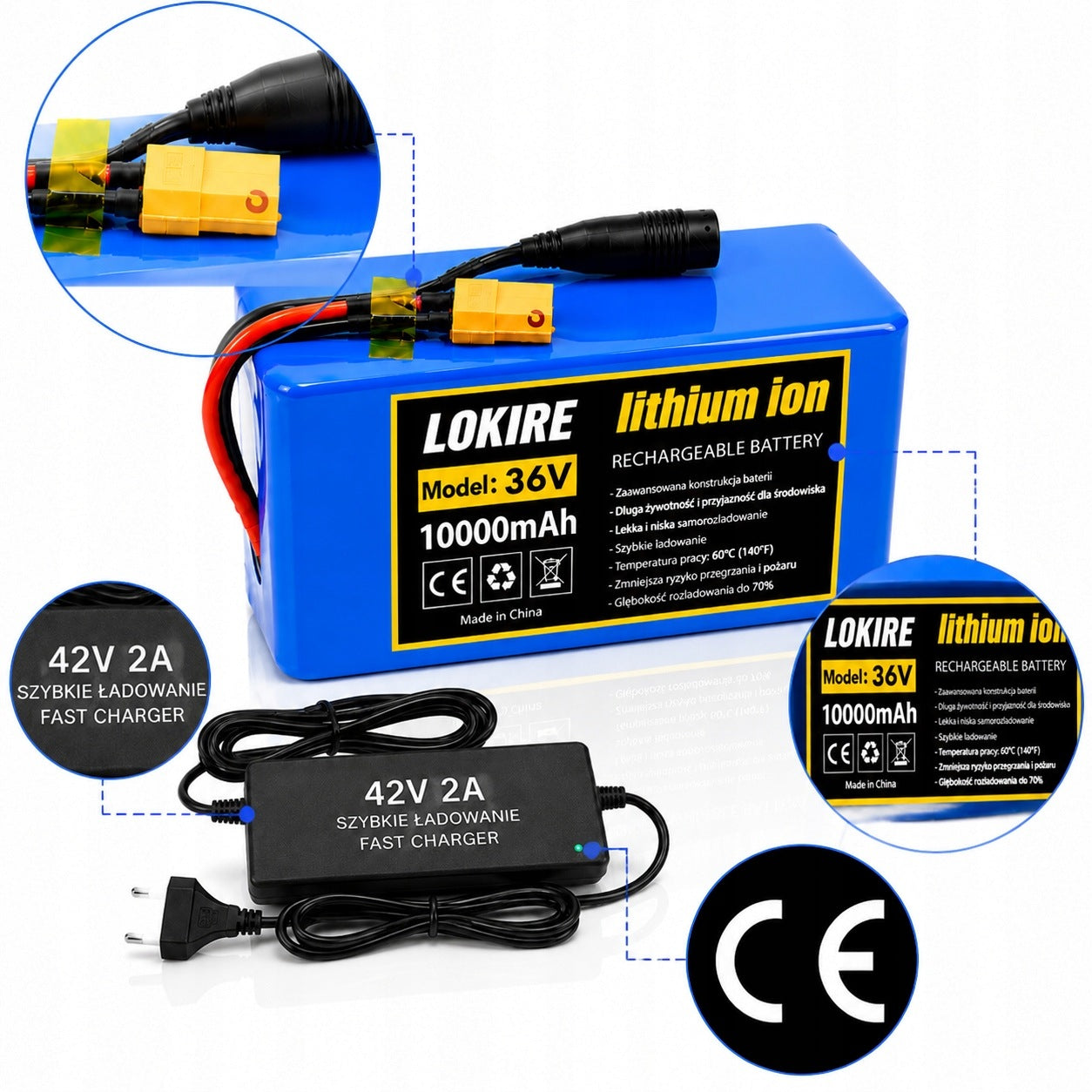 36V 10Ah Lithium-Ion Battery with XT60-DC Connector and Charger for E-Bike and E-Scooter