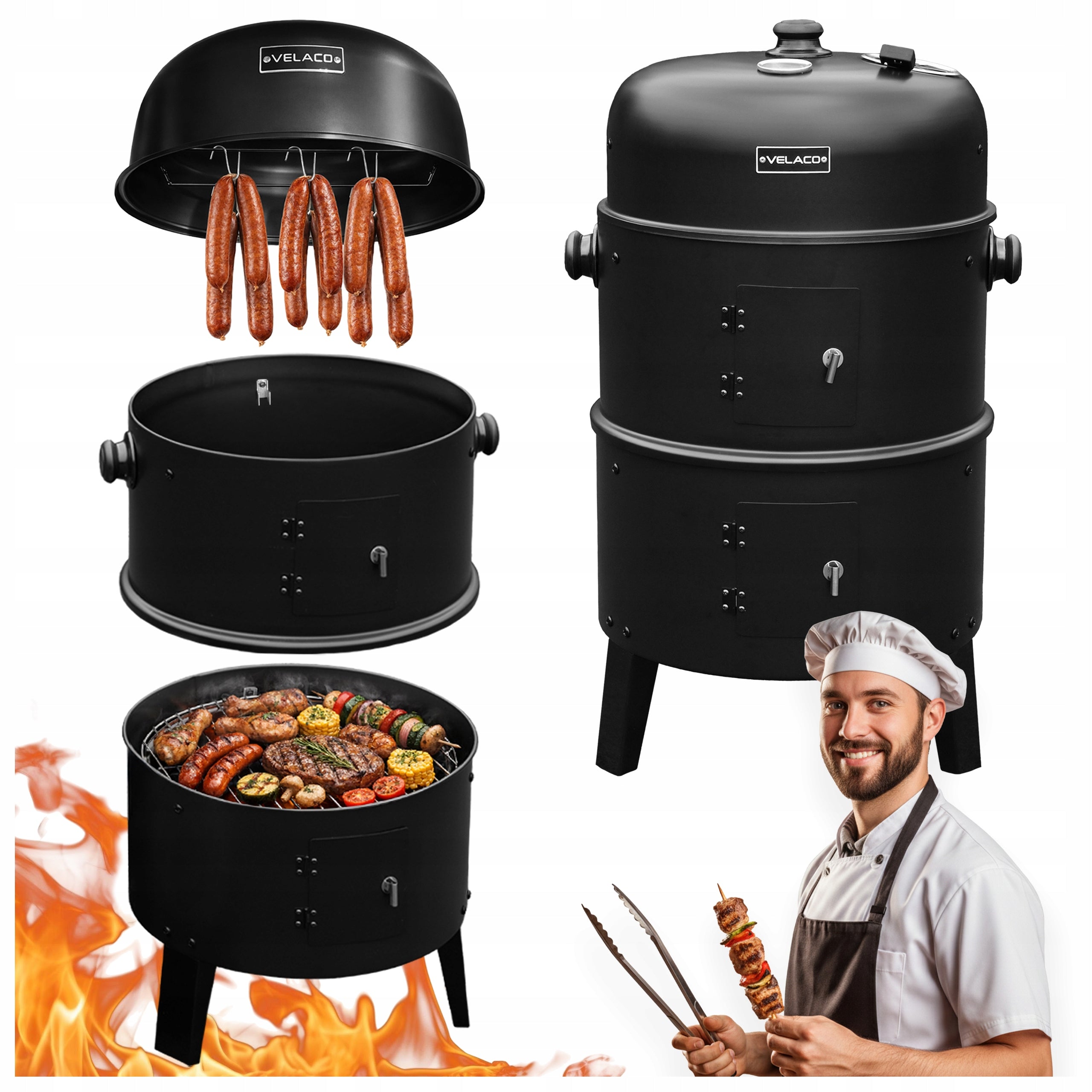3IN1 GARDEN CHARCOAL GRILL FIRE PIT WITH THERMOMETER COVER