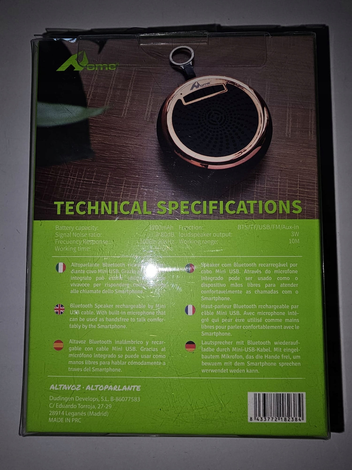 3W BLUETOOTH WIRELESS SPEAKER EAN (GTIN) 8433772182384