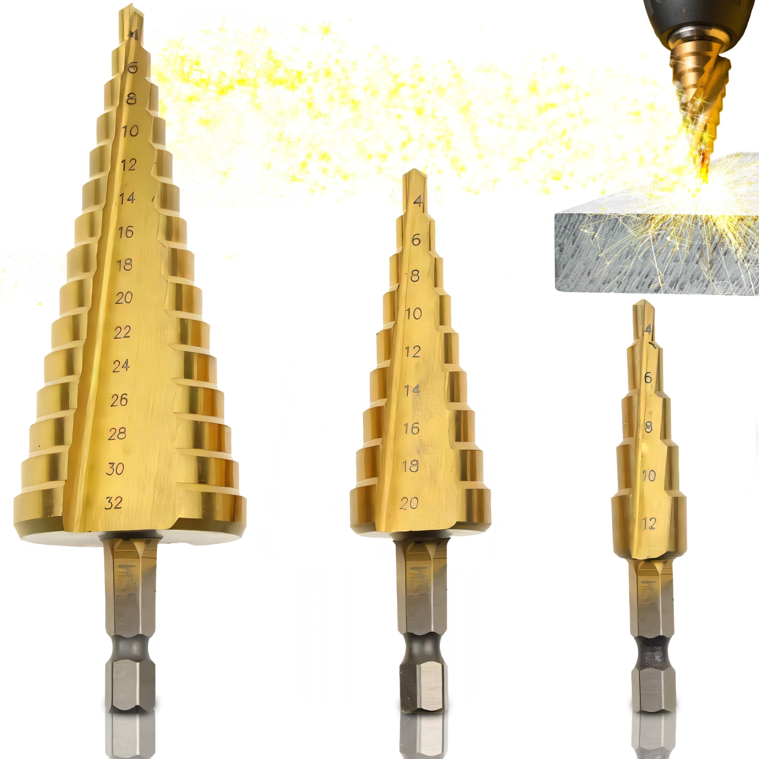 3X CONICAL STEP CHRISTMAS TREE DRILL BIT FOR METAL SHEET METAL 4-32MM HSS SET Packaging status original