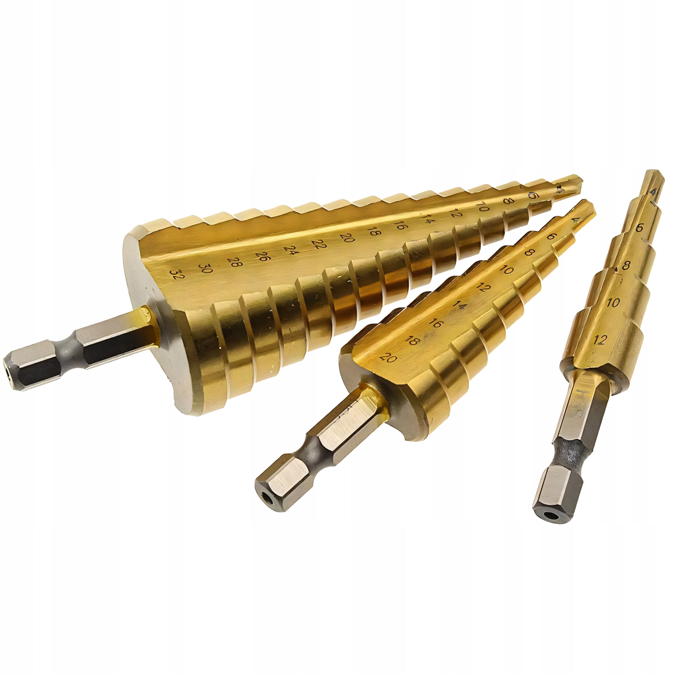 3X CONICAL STEP CHRISTMAS TREE DRILL BIT FOR METAL SHEET METAL 4-32MM HSS SET Rotation direction right hand rule