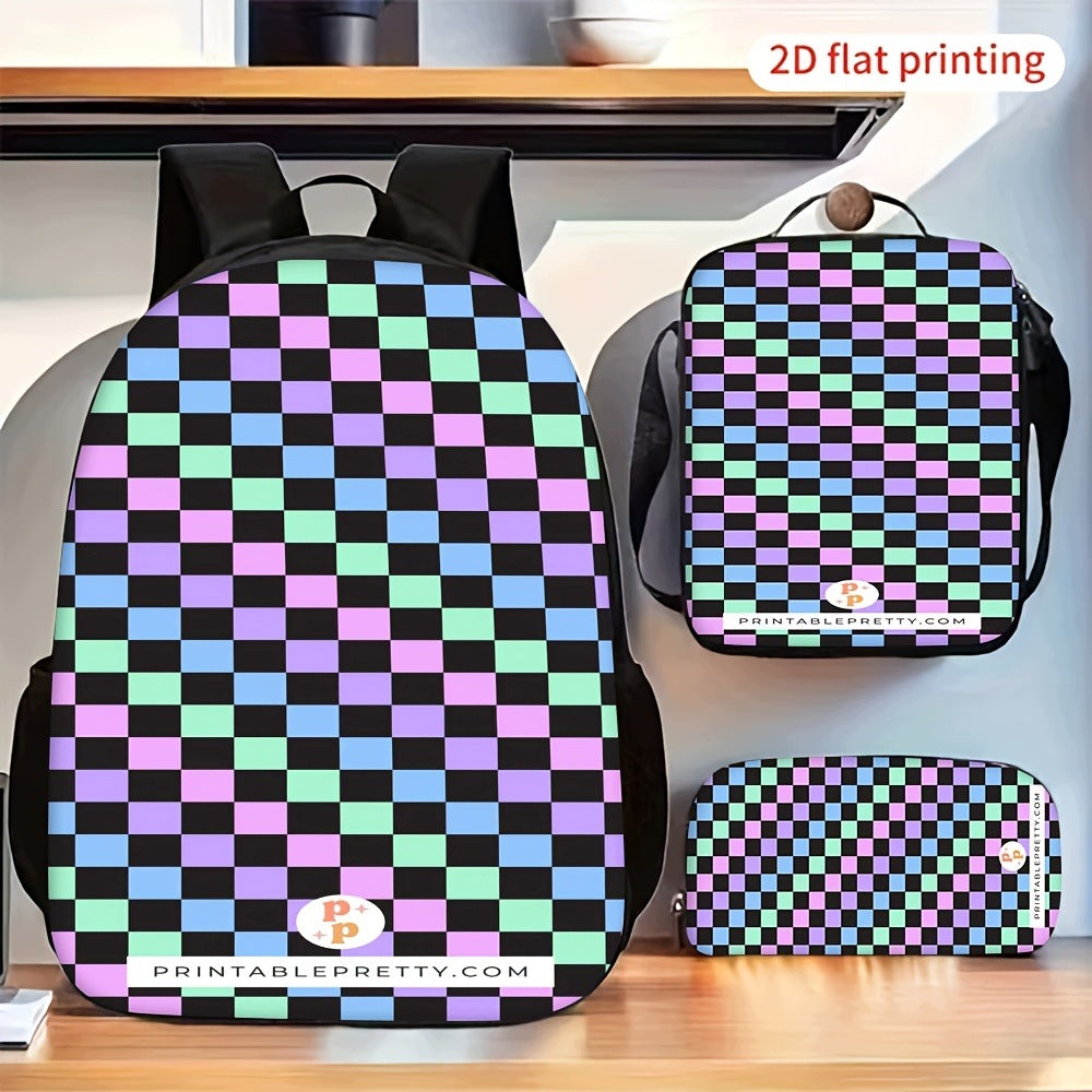 3pc Backpack Set - Colorful Checkerboard Pattern with Crossbody Bag and Case