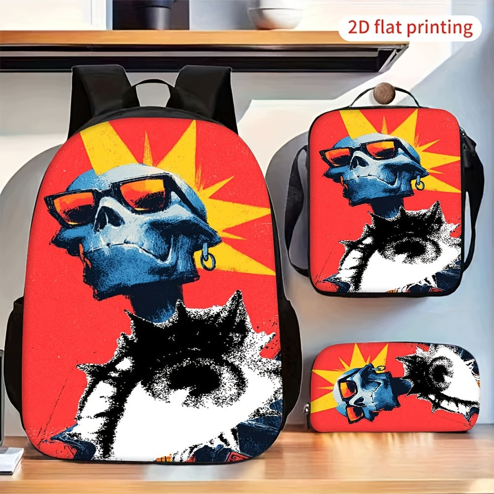 3pc Backpack Set - Cool Punk Skull Pattern Crossbody Bag & Case