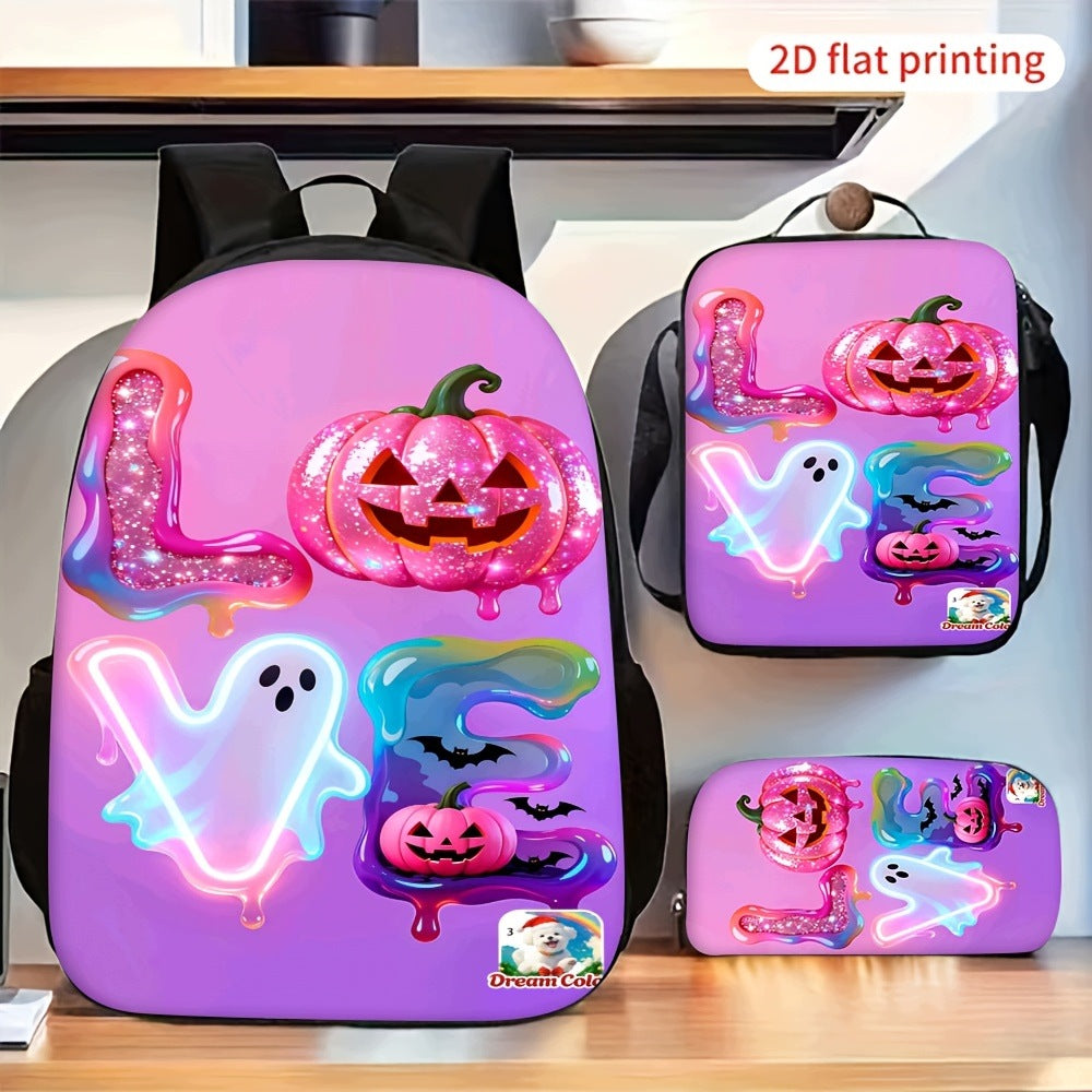 3pc Backpack Set - Halloween Neon Glow Love Pumpkin Ghost Print