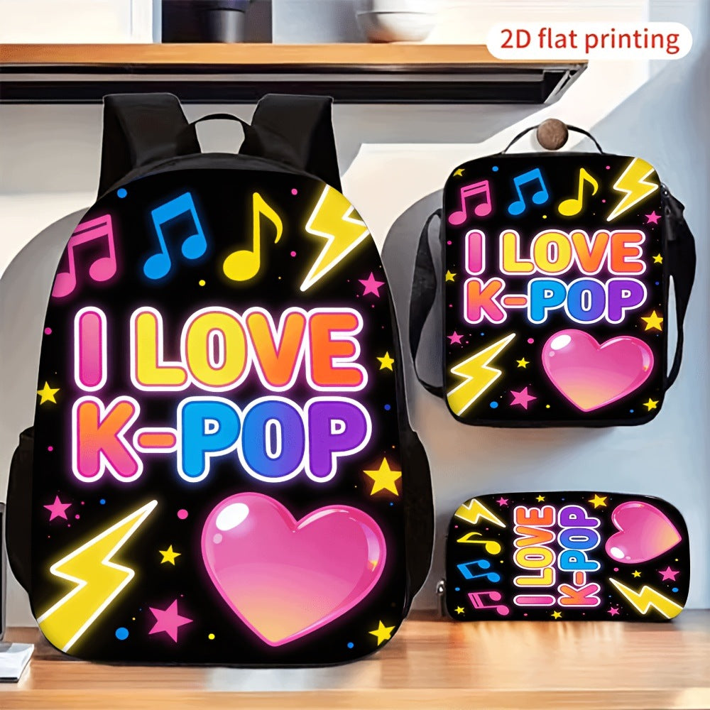 3pc Backpack Set - I LOVE K POP Neon Music Print Backpack