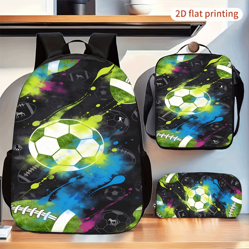 3pc Backpack Set Soccer Splash Ink Print Lunch Bag Graffiti