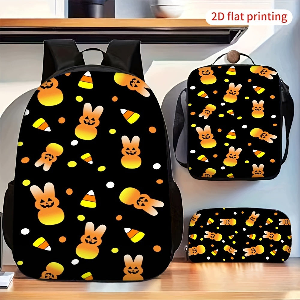 3pc Halloween Orange Bunny Skull Candy Corn Print Backpack Set