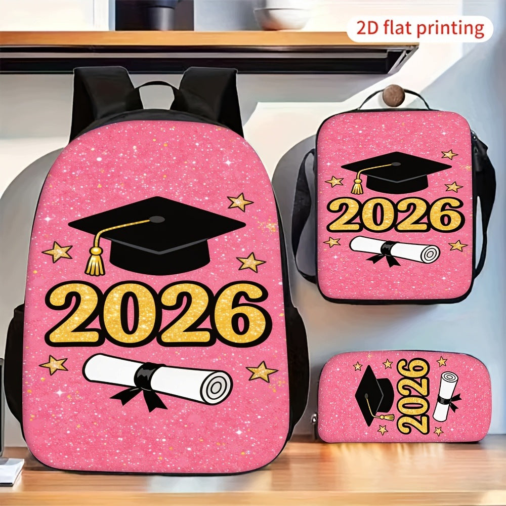 3pc Pink Glitter Graduation Backpack Set with Lunch Bag and Pencil Case