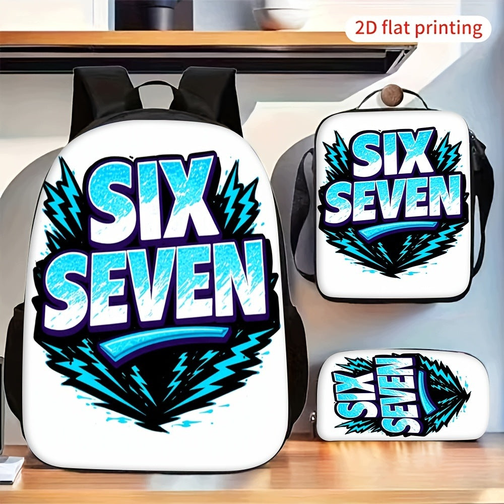 3pc Six Seven Graphic Print Daypack Backpack Set with Lunch Bag and Pencil Case