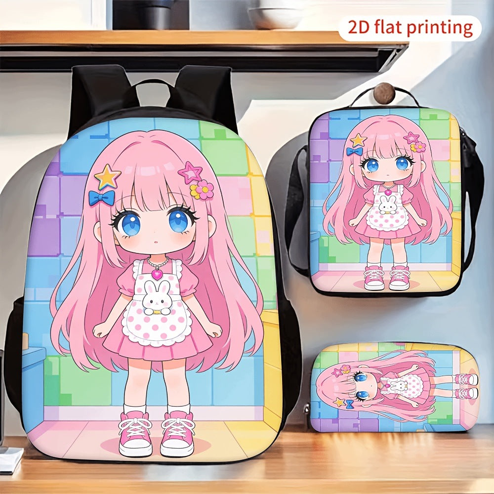 3pcs Anime Pink Hair Girl Print Backpack Lunch Bag Pencil Case Set