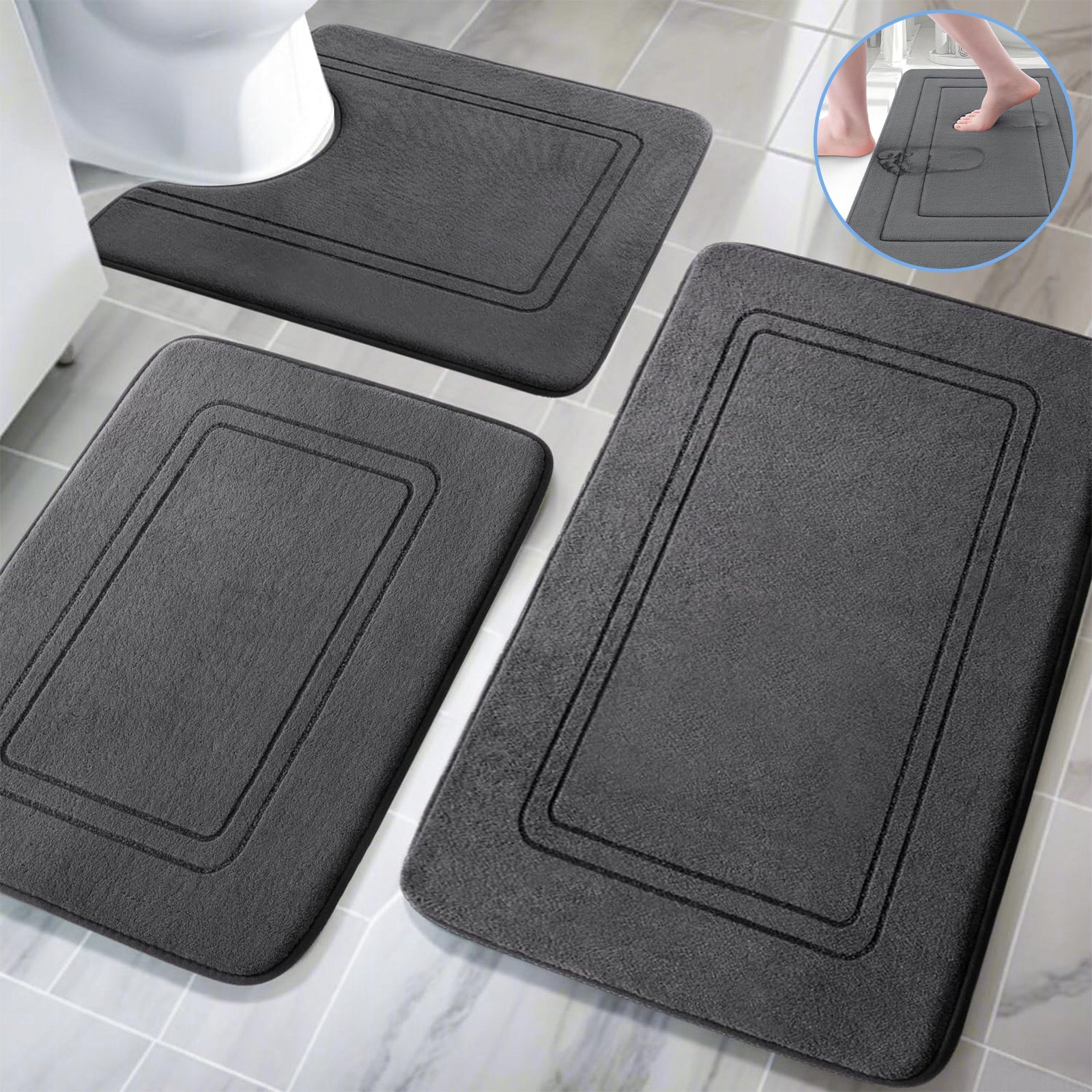 3pcs Bathroom Rugs SET NON-SLIP Mega Soft Thickness Thickness 15 mm
