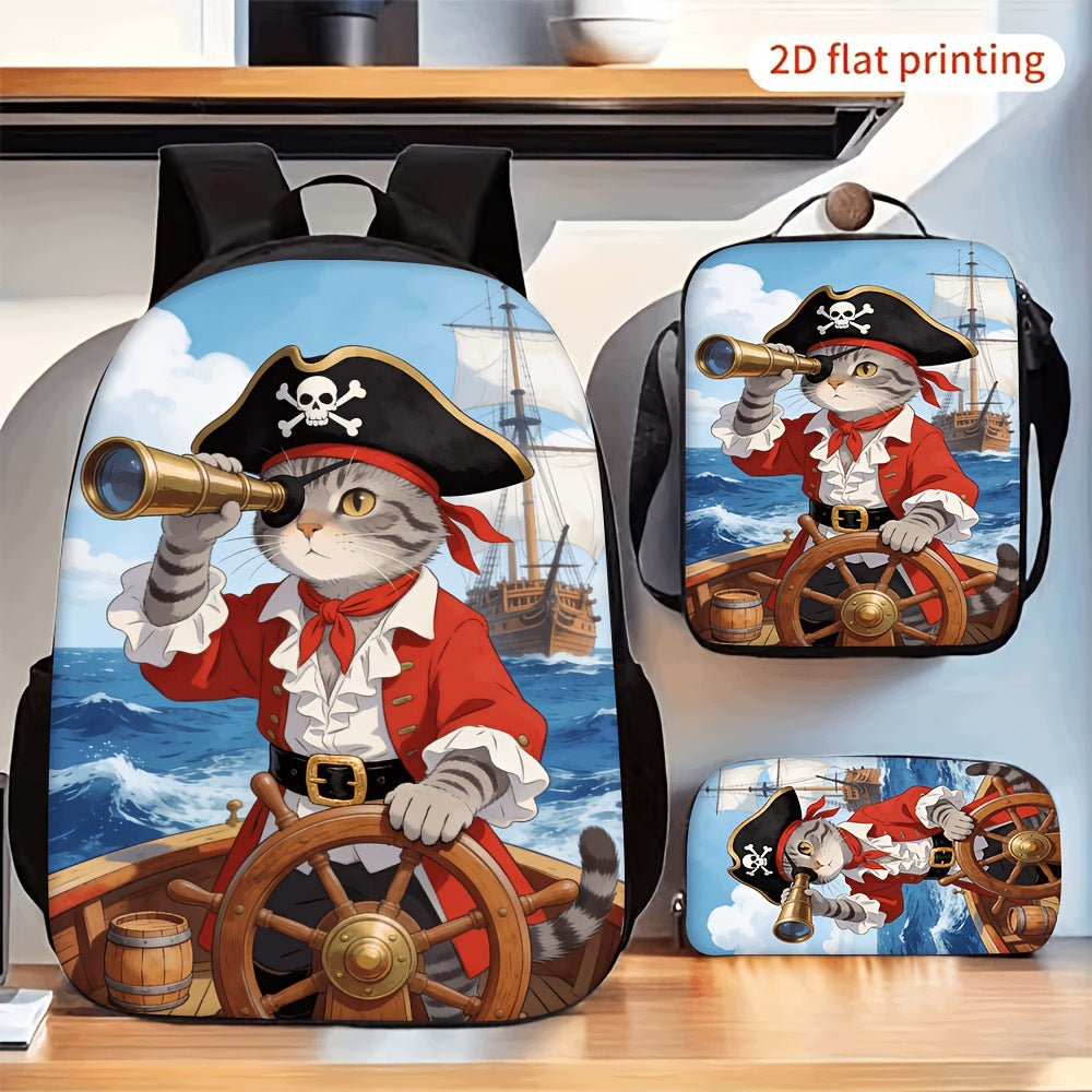 3pcs Cartoon Pirate Cat Print Backpack Lunch Bag Pencil Case Set