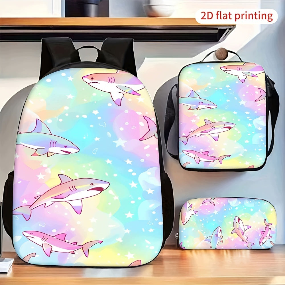 3pcs Colorful Gradient Cute Sharks Pattern Backpack Crossbody Bag Pencil Case Set