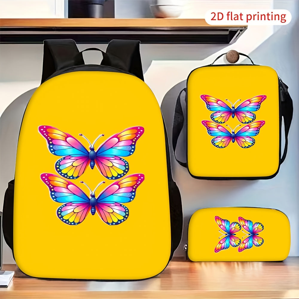 3pcs Colorful Gradient Double Butterflies Backpack Shoulder Bag Pencil Case