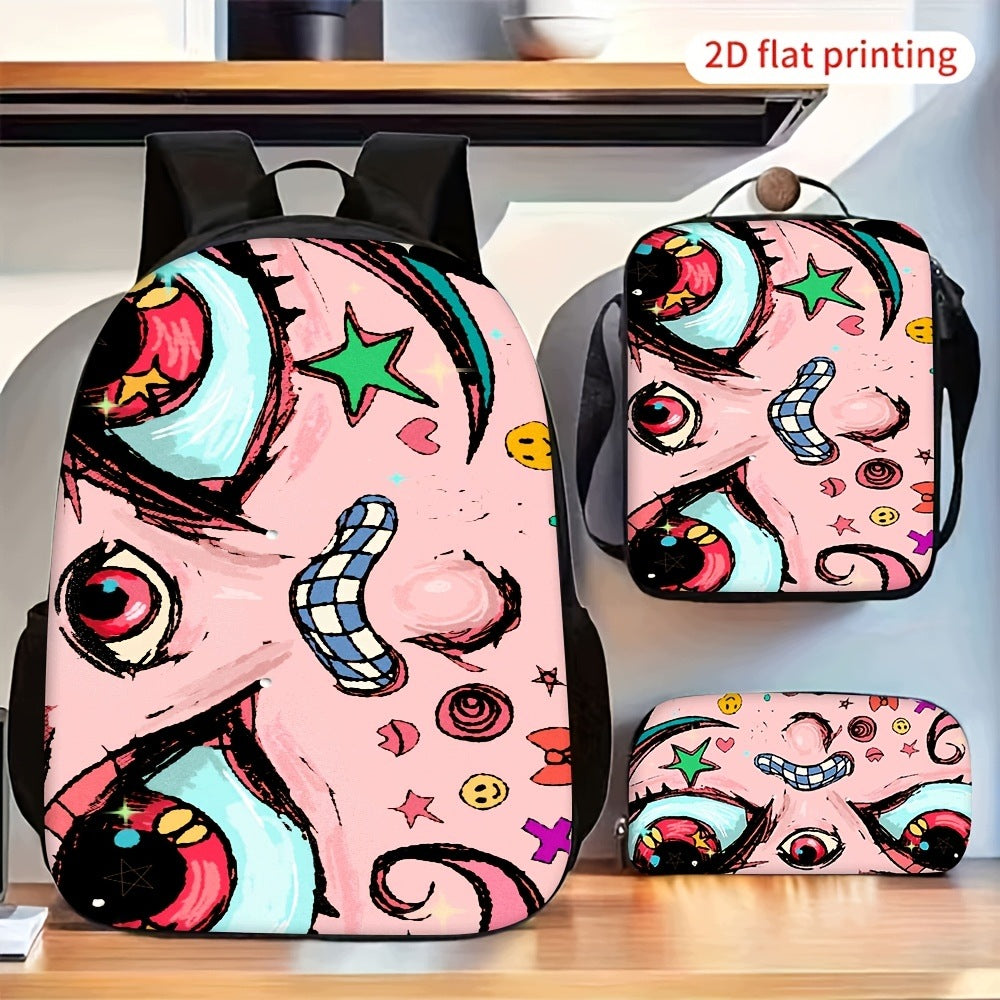 3pcs Cool Pink Abstract Graffiti Eye Pattern Backpack Set 2D Flat
