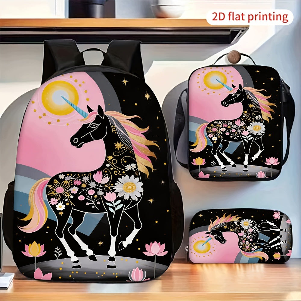 3pcs Cute Black Unicorn Backpack Lunch Bag Pencil Case School Supply Set