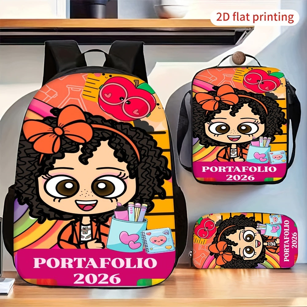 3pcs Cute Cartoon Curly Hair Girl Print Backpack Set with Lunch Pencil Case