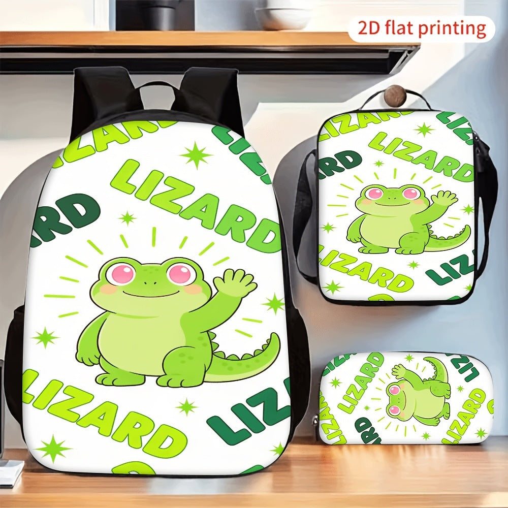 3pcs Cute Cartoon Green Lizard Print Backpack Lunch Bag Pencil Case