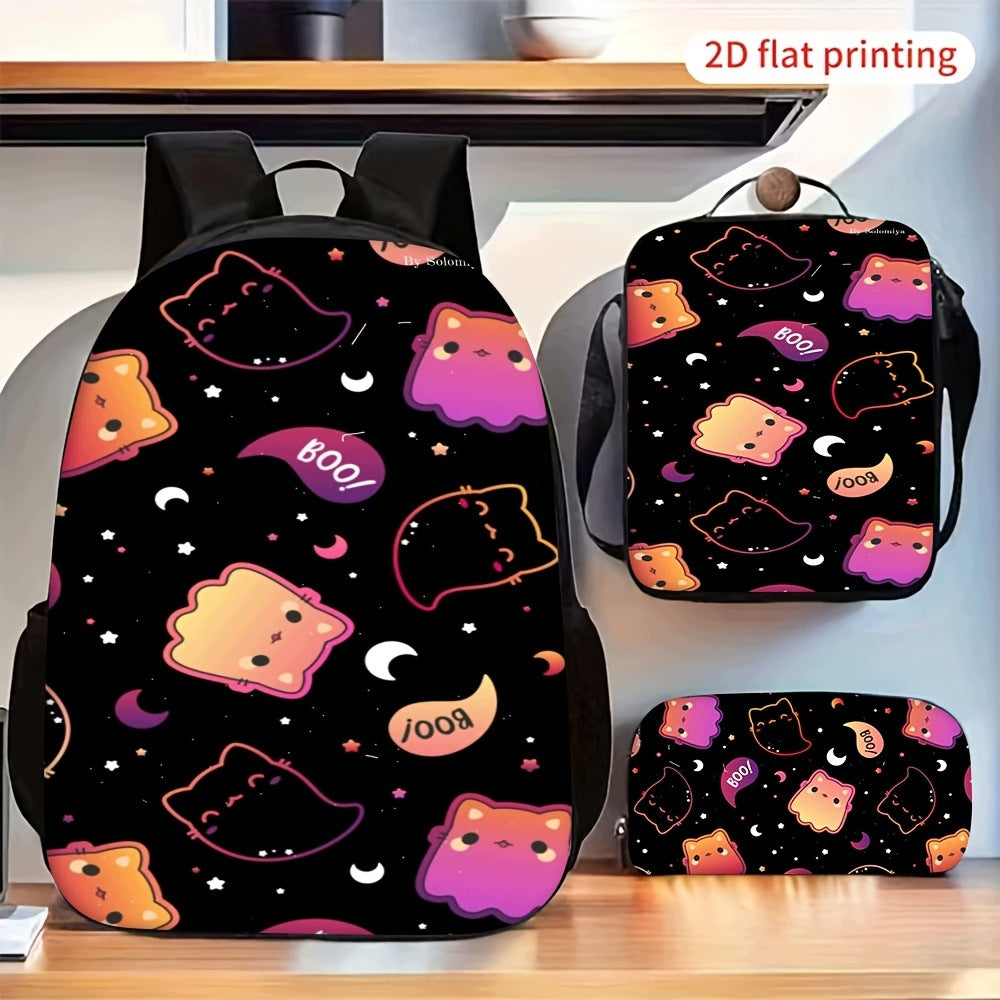 3pcs Cute Colorful Cartoon Boo Print Backpack Set with Lunch Pencil Case