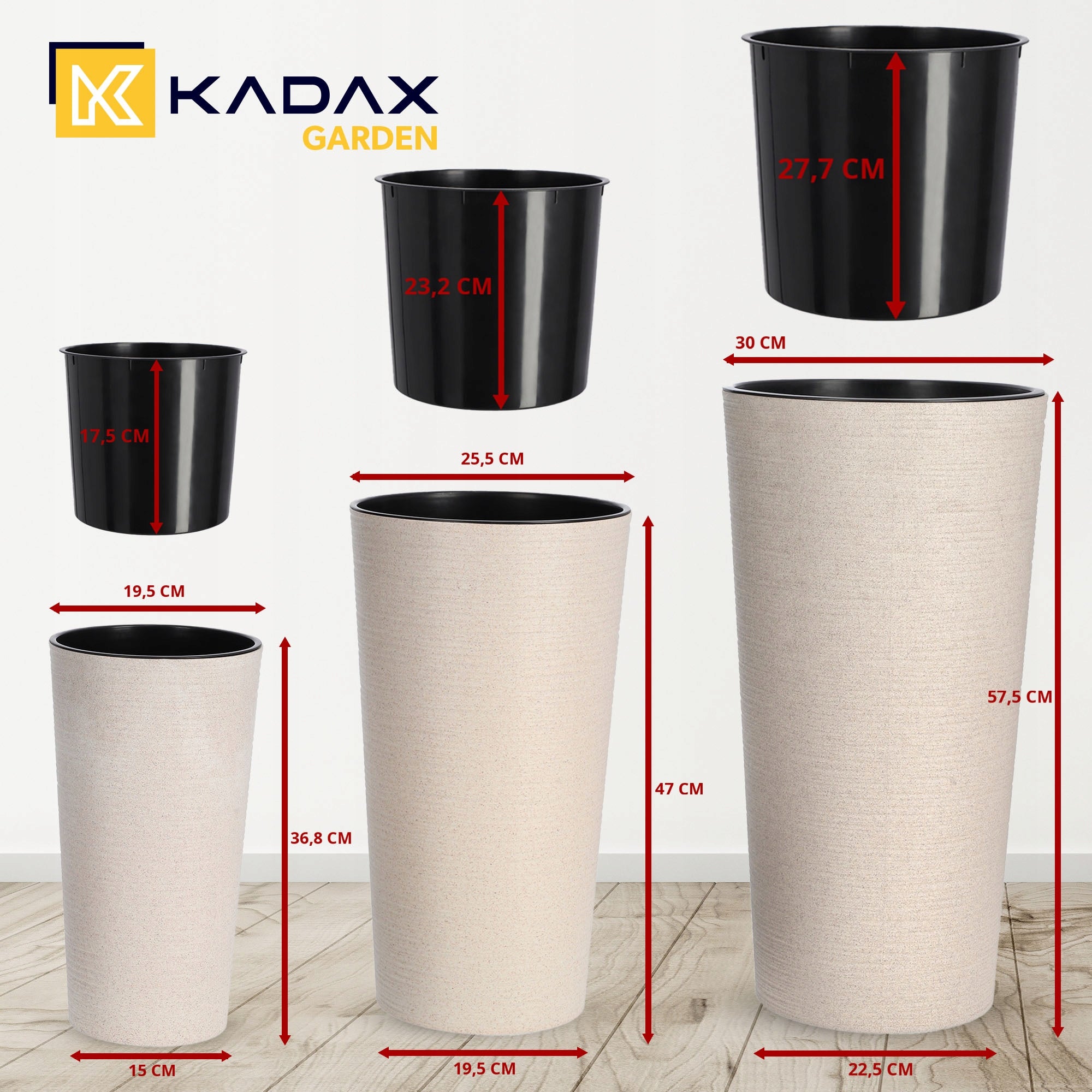 3pcs FLOWER POT 37+47+57 cm GARDEN + CARTRIDGE HIGH LARGE BEIGE SET Brand Kadax