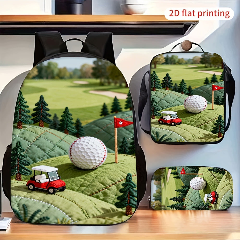 3pcs Golf Course Print Backpack with Small Bag & Pencil Case