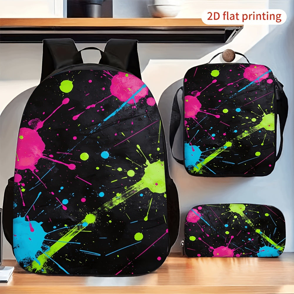 3pcs Ink Splash Print Backpack Set with Lunch Bag Pencil Case