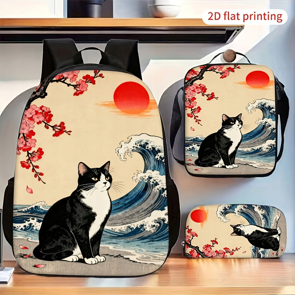 3pcs Japanese Cherry Blossom Cat Print Backpack, Crossbody Bag, Pencil Case